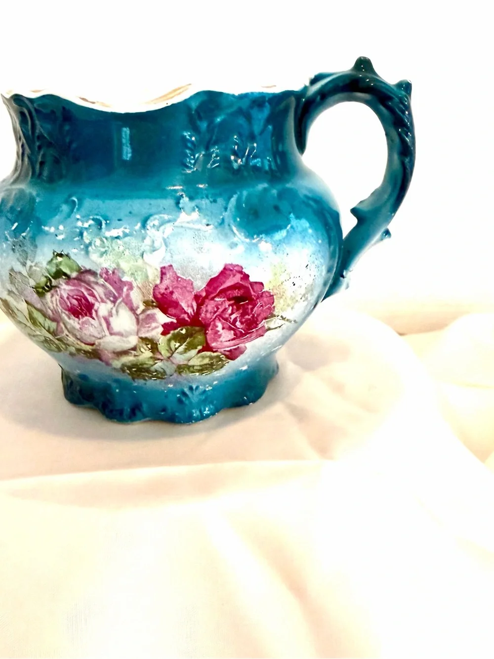 Vintage Turquoise Ironstone Creamer with Pink Rose Motif